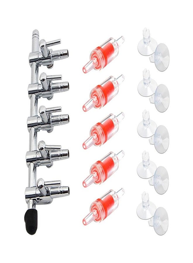 BornFeel Aquarium Air Pump Splitter 16 in 1 Set 5-Way Air Flow Control Lever Valve & 5 Non-Return Check Valves & 10 Suction Cups for Fish Tank Airline Air Tube Hose - Image 1
