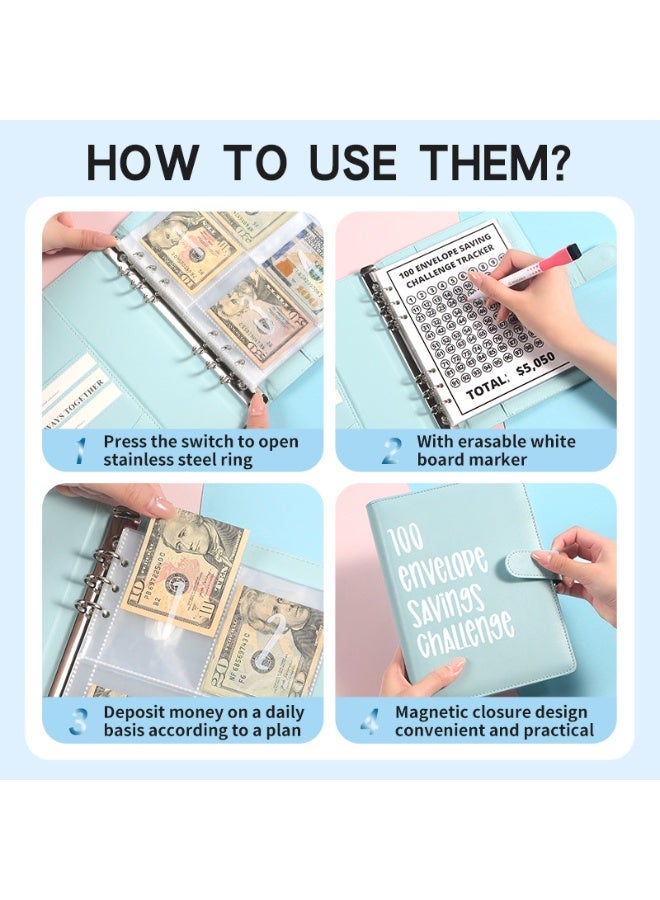 100 Envelopes Money Saving Binder A5 Savings Challenge Book Easy and Fun Way to Save Money—Blue - Image 3