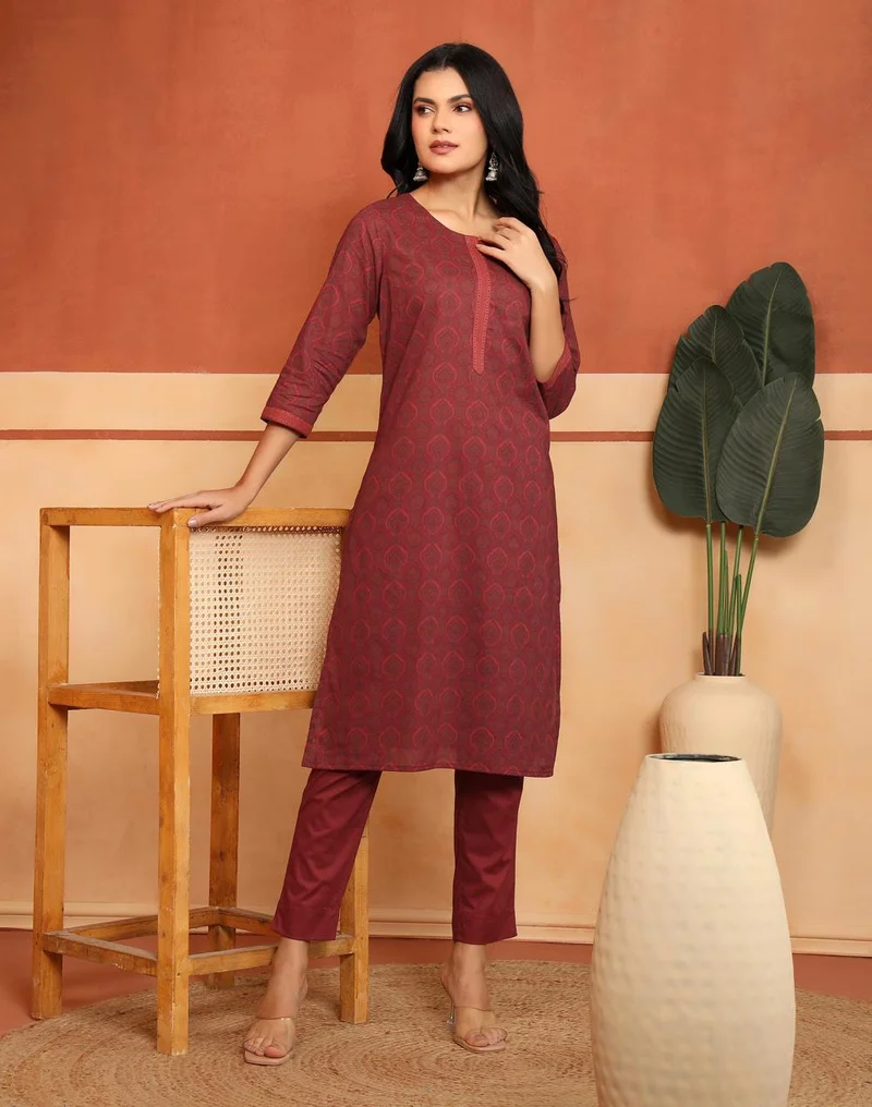 Avni Red Cotton Printed Kurta & Pant Set