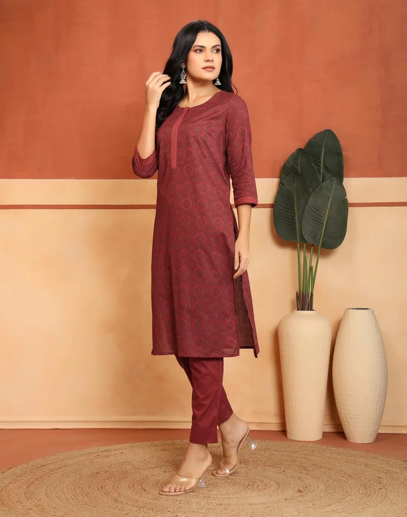 Fabindia  Avni Red Cotton Printed Kurta & Pant Set for Women | Best Price UAE