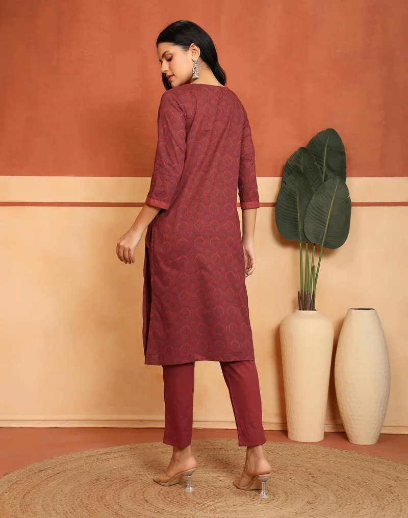 Fabindia  Avni Red Cotton Printed Kurta & Pant Set for Women | Best Price UAE