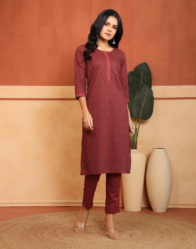 Fabindia  Avni Red Cotton Printed Kurta & Pant Set for Women | Best Price UAE