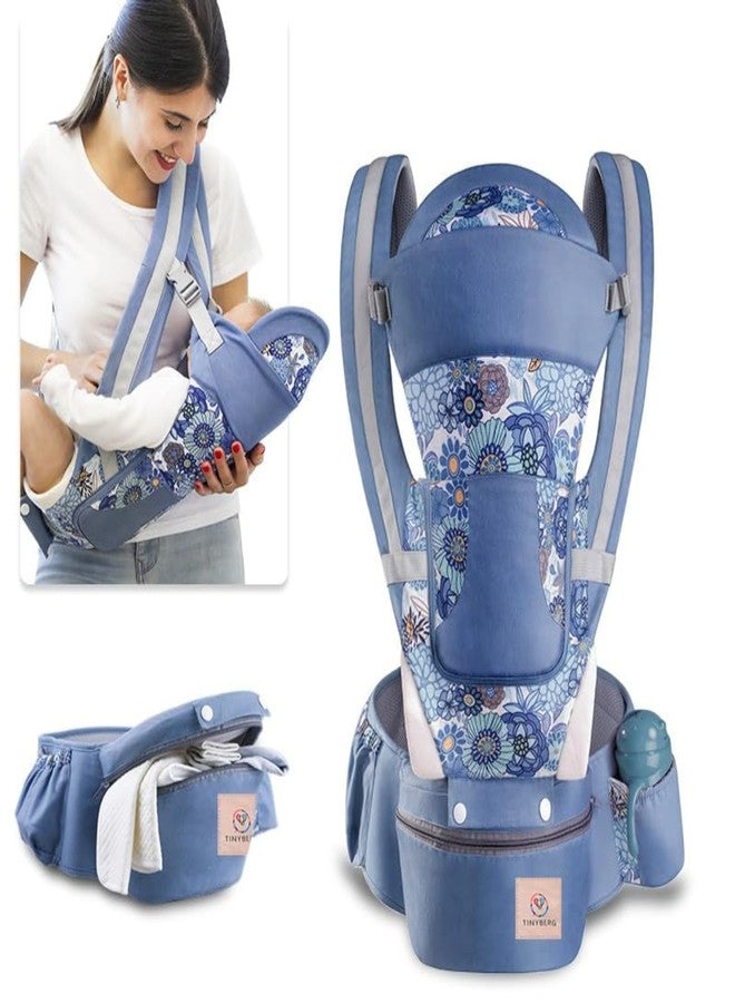 TINYBERG Baby Carrier For 0 To 3Years With 6 Different Carrying Positions | Detachable Hip Seat | Carrying Capacity 15 Kg | Baby Carrier & Holder With Front Storage (Blue With Print) For Infant - Image 1
