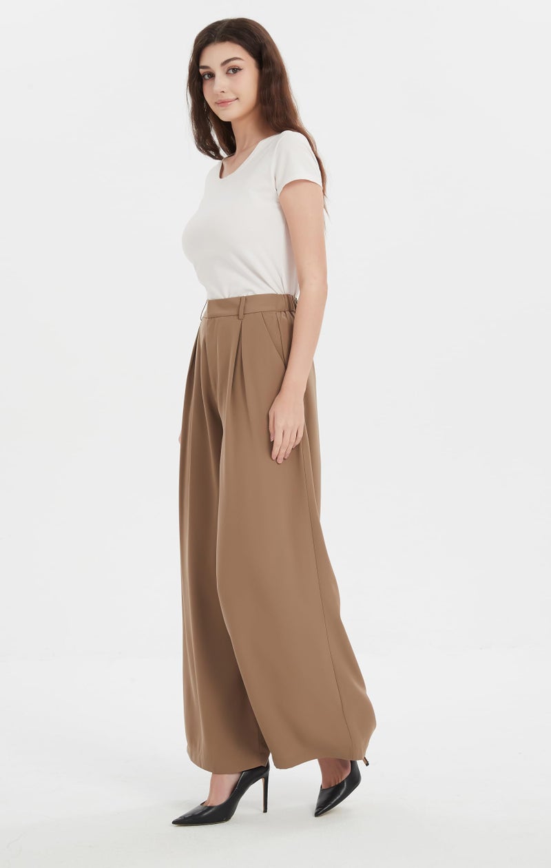 Tronjori Women High Waist Casual Wide Leg Long Palazzo Pants Trousers Regular Size(M Short, Taupe) - Image 2