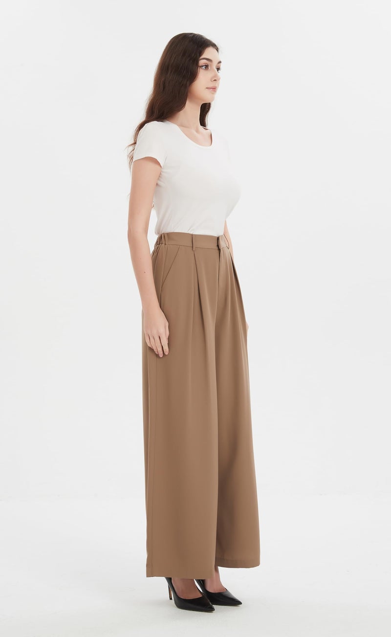 Tronjori Women High Waist Casual Wide Leg Long Palazzo Pants Trousers Regular Size(M Short, Taupe) - Image 3
