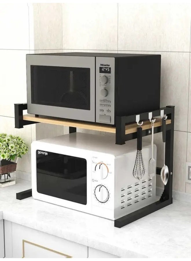 حامل ومنظف للميكرويف هيكل حديد اسود اسطح خشبيه2مستوى