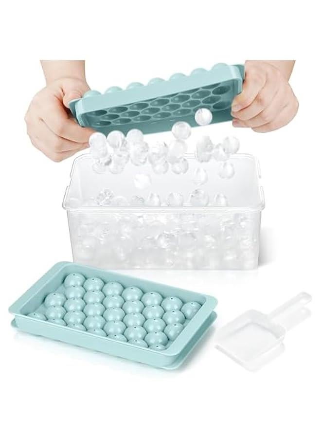 HOOKOR Ice Cube Tray for Freezer with Lid & Bin, Round Ice Cube Mold with Container, Mini Circle Ice Cube Tray Making Sphere Ice Chilling Cocktail Tea Coffee (2 Trays 1 Ice Bucket & Scoop) (Blue)  - Image 1