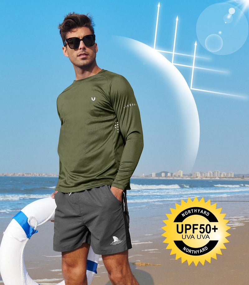 NORTHYARD Men's Sun Protection Shirts UPF 50+ Long Sleeve Swim Rash Guard Shirt Running Workout Athletic Hiking UV Fishing ArmyGreen XL - Image 3