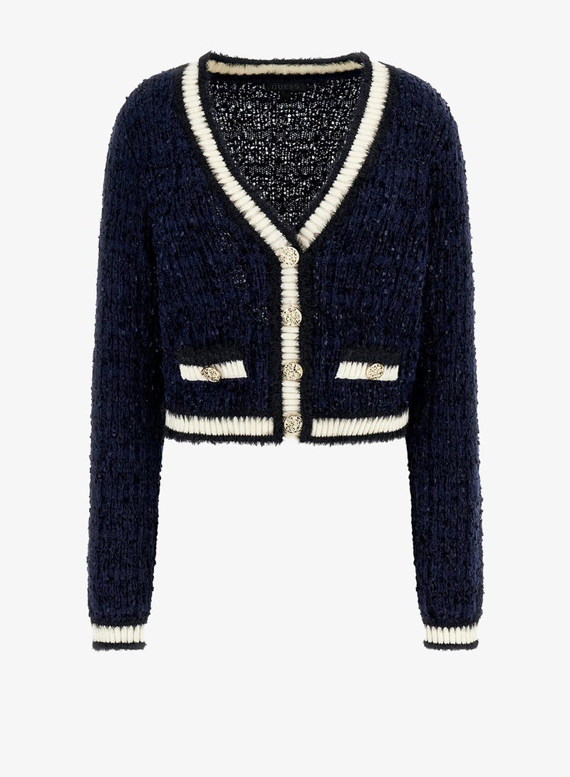 جس كارديجان بأكمام طويلة وياقة على شكل حرف  من خيوط أوموري - Image 5