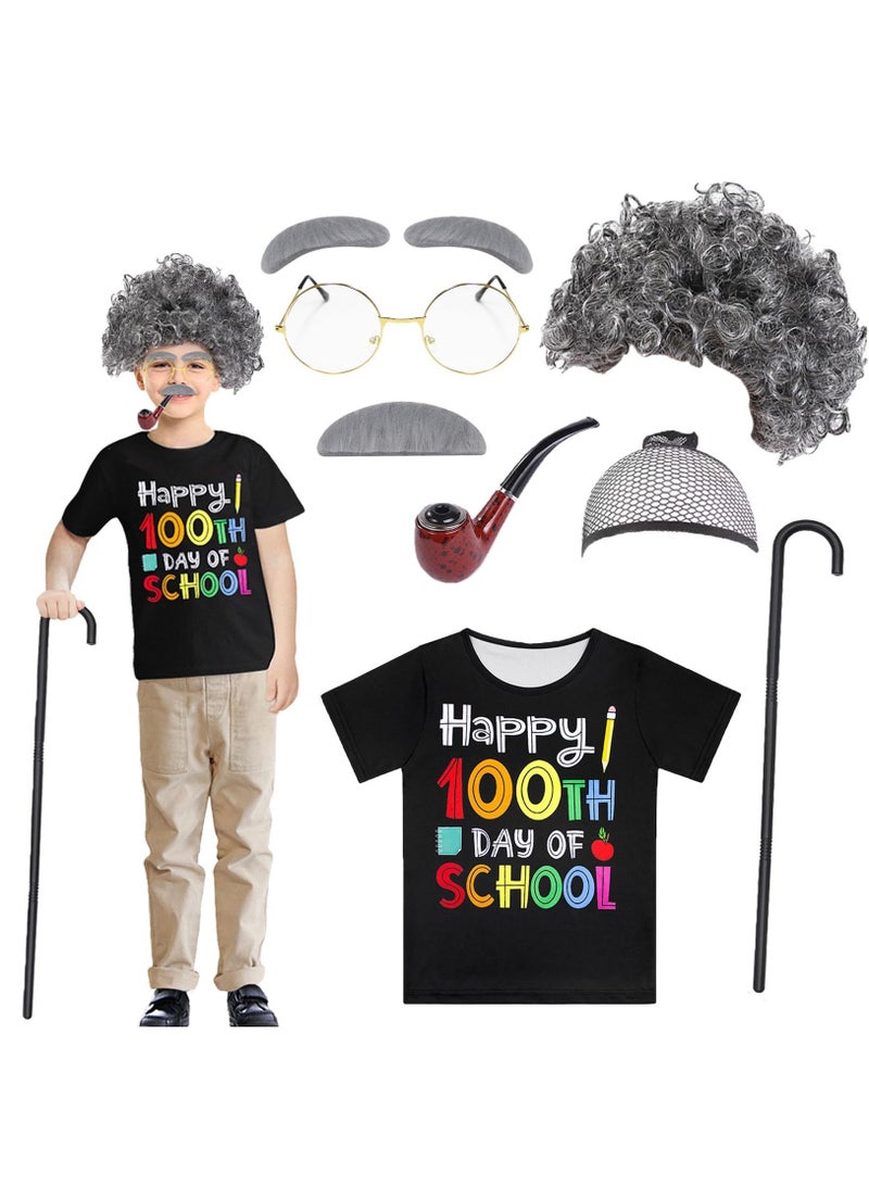 Excefore Kids 100 Days of School Costume for Boys Old Man Costume Grandpa Dress up Accessories Happy 100 Days T-Shirt, 5-6 Year - Image 1