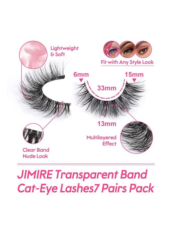 JIMIRE False Eyelashes with Clear Band 3D Fluffy Lashes Demi-wispies Natural Look Cat Eye Faux Mink Fluttery Eyelashes 15MM D Curl Eye Lashes Pack 7 Pairs - Image 2