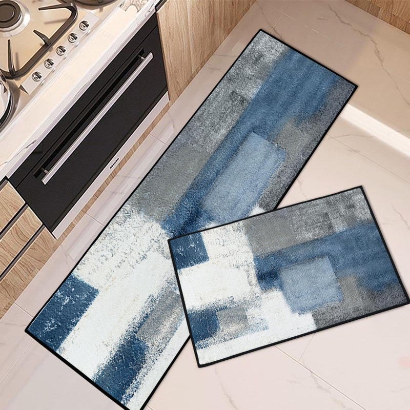 Tayney Blue Kitchen Rugs and Mats Non Skid Washable Set of 2 Grey White Modern Abstract Mats for Floor Geometric Painting Runner Rug Graffiti Art Kitchen Decor