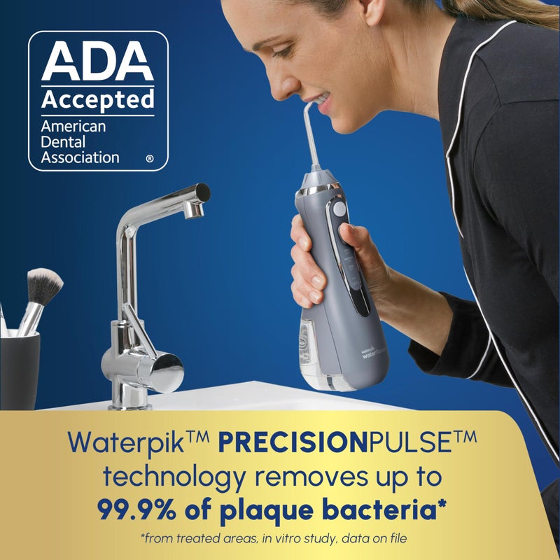 Waterpik جهاز تنظيف الأسنان بالماء اللاسلكي المتقدم 2.0 من ووتربك، لتنظيف الأسنان واللثة والأقواس، للعناية بالأسنان مع حقيبة سفر و4 رؤوس، معتمد من ADA، قابل لإعادة الشحن، محمول ومقاوم للماء، رمادي WP-587، قد يختلف التغليف. - Image 3