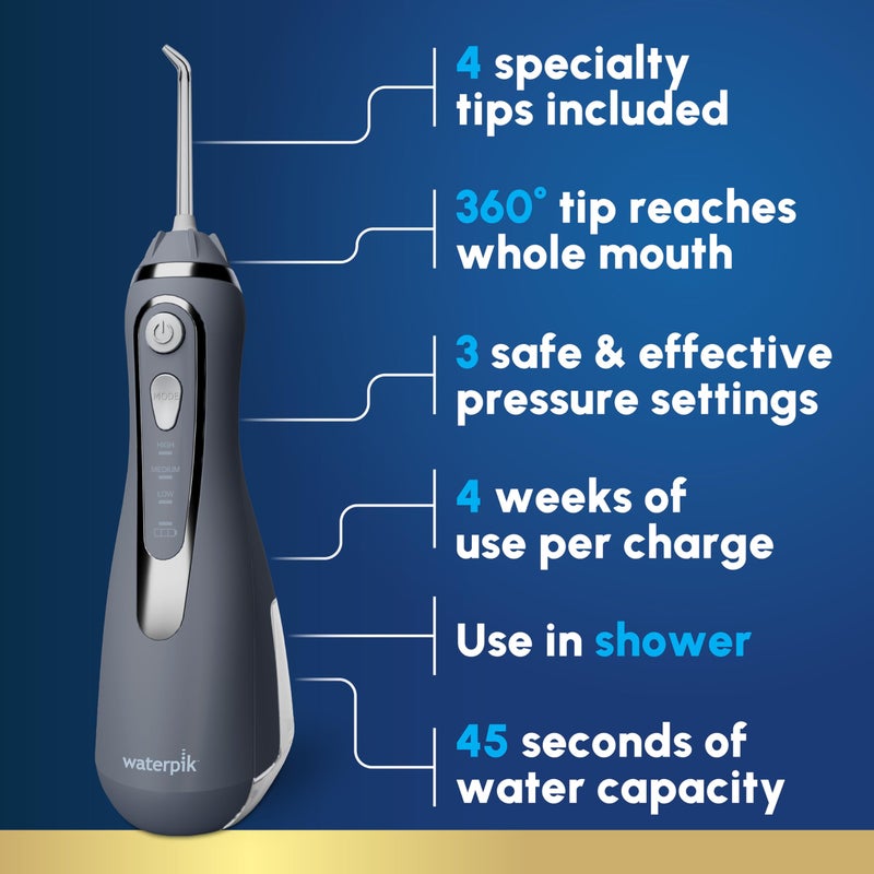 Waterpik جهاز تنظيف الأسنان بالماء اللاسلكي المتقدم 2.0 من ووتربك، لتنظيف الأسنان واللثة والأقواس، للعناية بالأسنان مع حقيبة سفر و4 رؤوس، معتمد من ADA، قابل لإعادة الشحن، محمول ومقاوم للماء، رمادي WP-587، قد يختلف التغليف. - Image 2