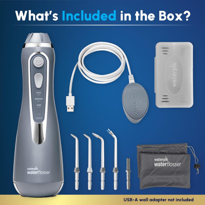 Waterpik جهاز تنظيف الأسنان بالماء اللاسلكي المتقدم 2.0 من ووتربك، لتنظيف الأسنان واللثة والأقواس، للعناية بالأسنان مع حقيبة سفر و4 رؤوس، معتمد من ADA، قابل لإعادة الشحن، محمول ومقاوم للماء، رمادي WP-587، قد يختلف التغليف. - Image 4