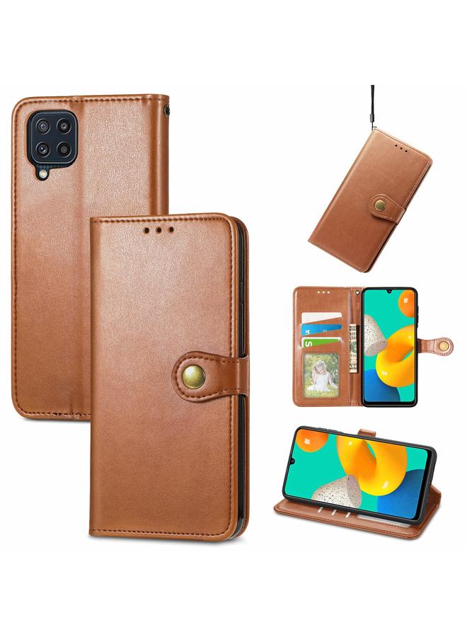 اس-توب جراب لهاتف Samsung Galaxy M32 مصنوع من الجلد بلون سادة مع مشبك وحزام وإطار للصور وفتحة للبطاقات ومحفظة ووظيفة الحامل - Image 1