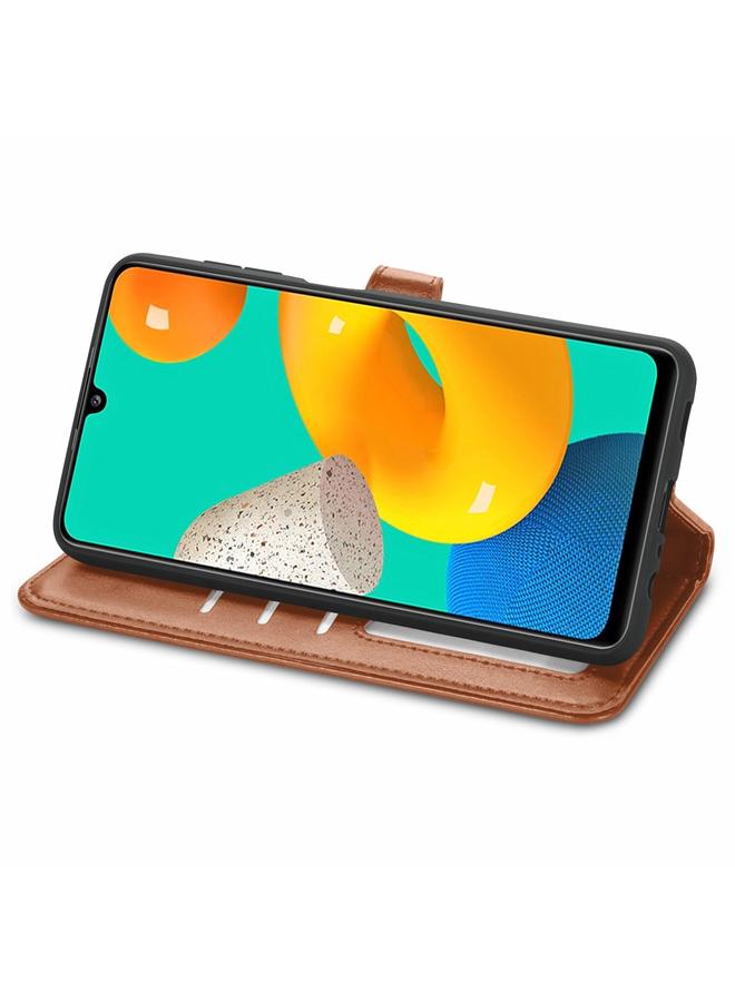 اس-توب جراب لهاتف Samsung Galaxy M32 مصنوع من الجلد بلون سادة مع مشبك وحزام وإطار للصور وفتحة للبطاقات ومحفظة ووظيفة الحامل - Image 4