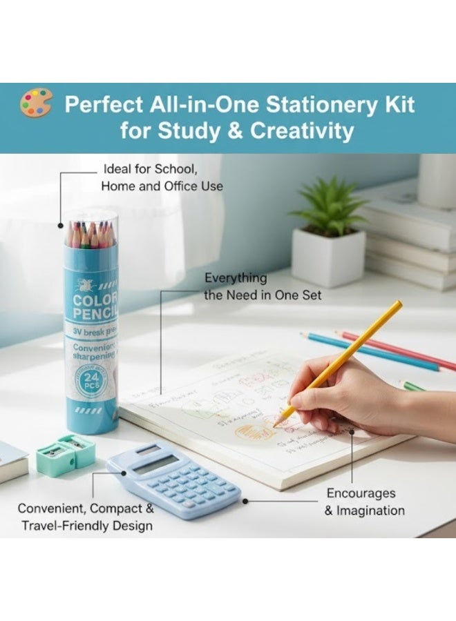 Color Pencil 45 Pieces Stationery Set for Kids – Complete School Supplies Set with 24 Colored Pencils, 12 HB Pencils, 2 Sharpeners, 6 Erasers & 1 Calculator | Writing, Drawing & Study Set for Kids, Adults, School Going Boys & Girls - Image 3