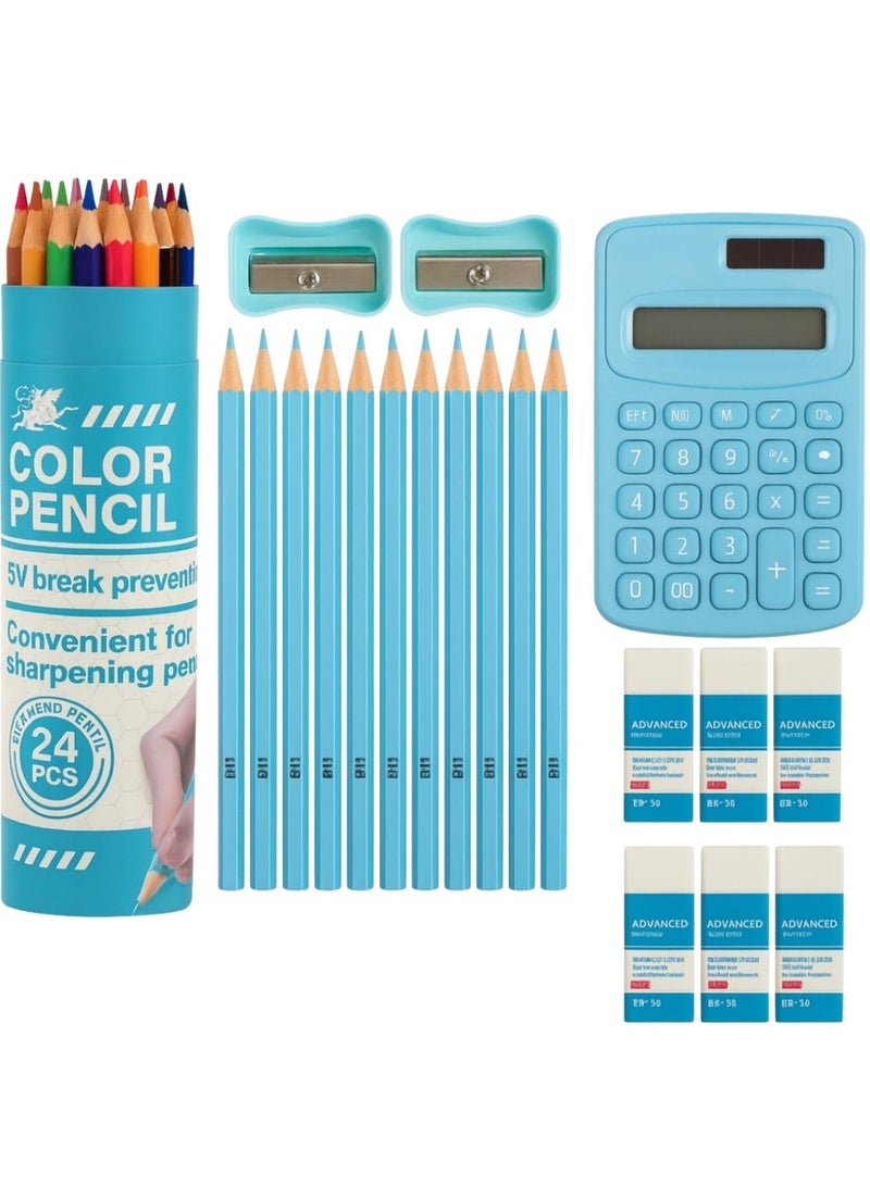 Color Pencil 45 Pieces Stationery Set for Kids – Complete School Supplies Set with 24 Colored Pencils, 12 HB Pencils, 2 Sharpeners, 6 Erasers & 1 Calculator | Writing, Drawing & Study Set for Kids, Adults, School Going Boys & Girls - Image 1