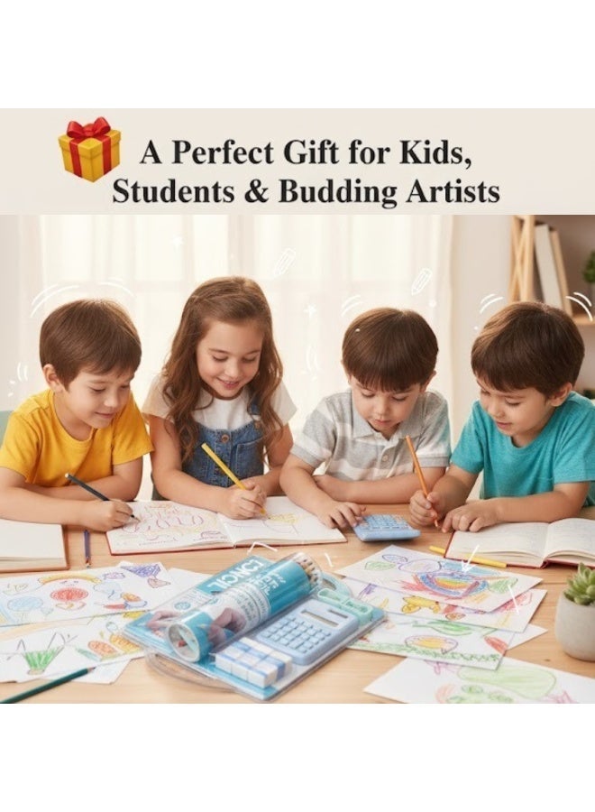 Color Pencil 45 Pieces Stationery Set for Kids – Complete School Supplies Set with 24 Colored Pencils, 12 HB Pencils, 2 Sharpeners, 6 Erasers & 1 Calculator | Writing, Drawing & Study Set for Kids, Adults, School Going Boys & Girls - Image 5
