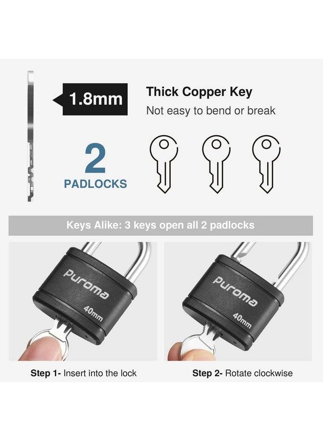 Puroma 2 Pack Keyed Padlock with 3 Keys Alike, 1.1 Inch Locker Lock 40mm Heavy-Duty Locks for Gate Fence Hasp Cabinet Toolbox School Gym Locker (Black) - Image 3