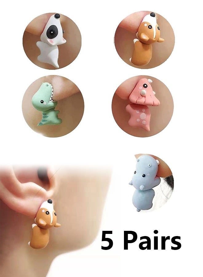 5 أزواج من أقراط الأذن اللطيفة على شكل عضات حيوانات - طين بوليمر ثلاثي الأبعاد عصري للفتيات والنساء - زينة أقراط بسيطة من طين البوليمر الكرتوني - إكسسوارات هدايا إبداعية - Image 1