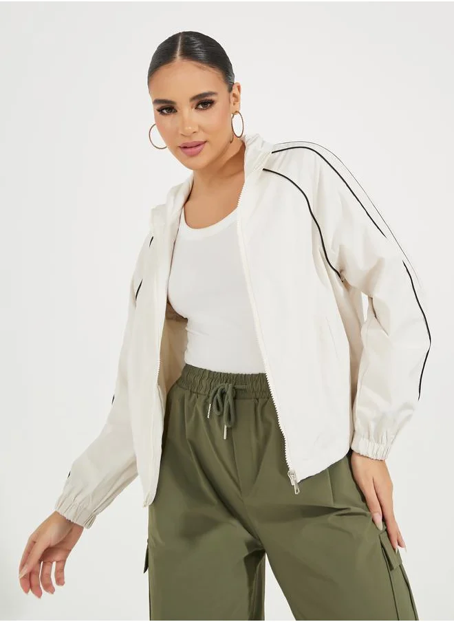 Styli Oversized Regular Length Bomber Jacket with Contrast Piping