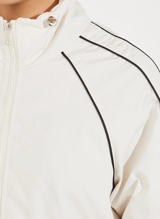 Styli Oversized Regular Length Bomber Jacket with Contrast Piping