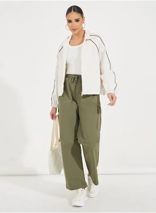 Styli Oversized Regular Length Bomber Jacket with Contrast Piping