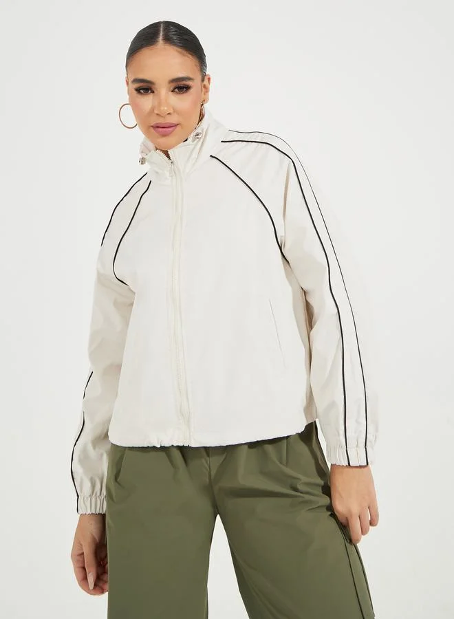 Styli Oversized Regular Length Bomber Jacket with Contrast Piping