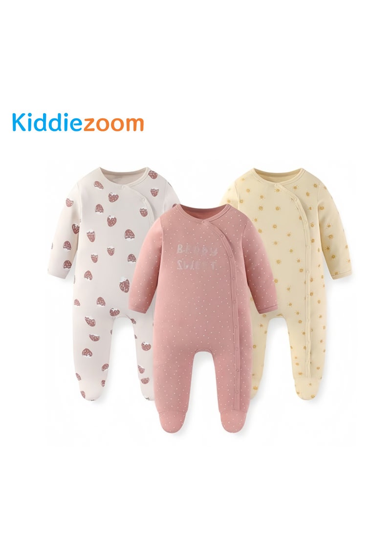 Kiddiezoom طقم ملابس أطفال مكون من 3 قطع، بأكمام طويلة، مصنوع من القطن الخالص 100%، مطبوع عليه سحاب، ناعم ومريح، مناسب للأطفال حديثي الولادة والأطفال الصغار (من 0 إلى 12 شهرًا). - Image 1