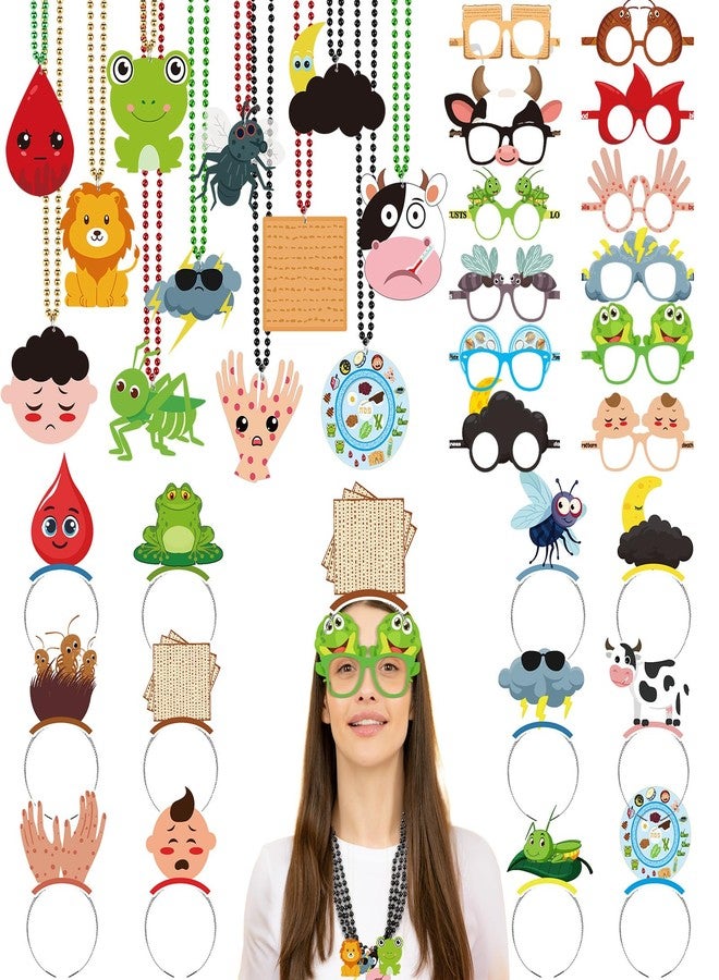 Kenning 36 Pcs Passover Plague Party Decorations 12 Beaded Necklaces 12 Headbands 12 Paper Glasses Prop Accessories Tiaras for Passover Gift Jewish Holiday Party Decorations - Image 1