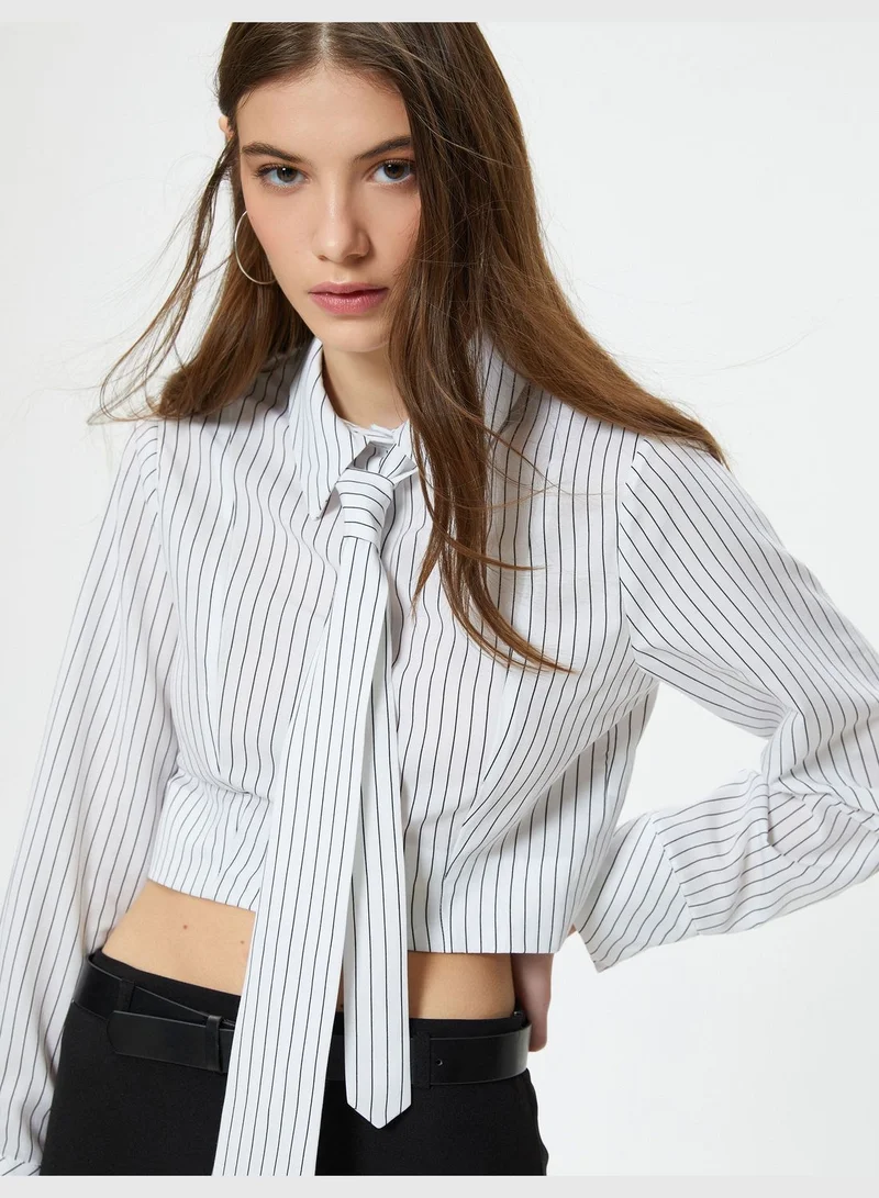 كوتون Crop Shirt Long Sleeve Tie Detail Classic Neck Cotton Blend