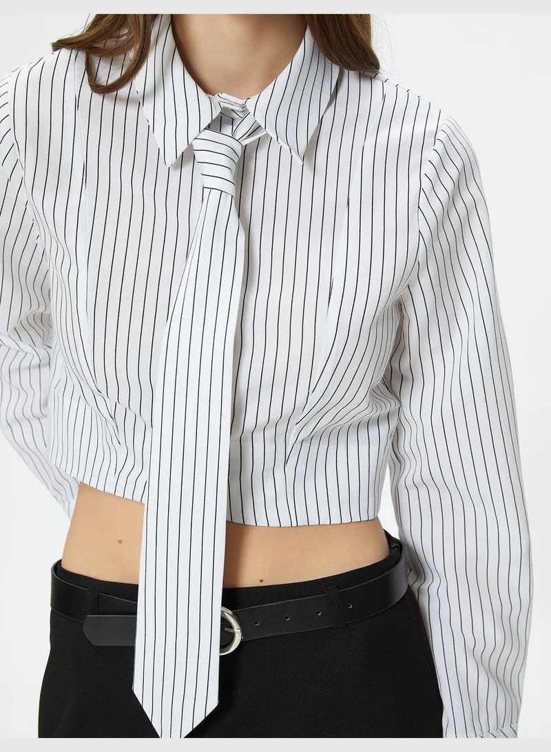كوتون Crop Shirt Long Sleeve Tie Detail Classic Neck Cotton Blend
