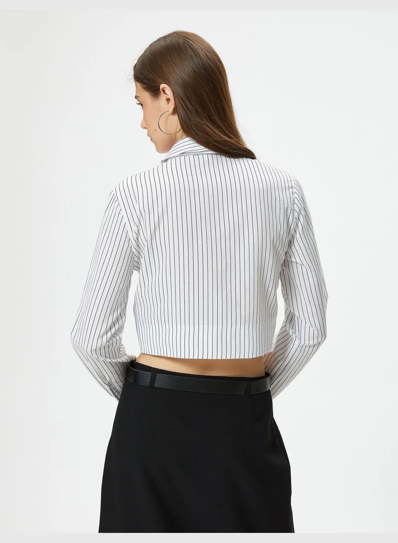 كوتون Crop Shirt Long Sleeve Tie Detail Classic Neck Cotton Blend