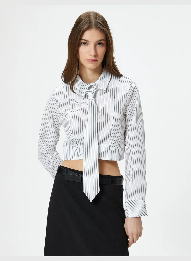 كوتون Crop Shirt Long Sleeve Tie Detail Classic Neck Cotton Blend