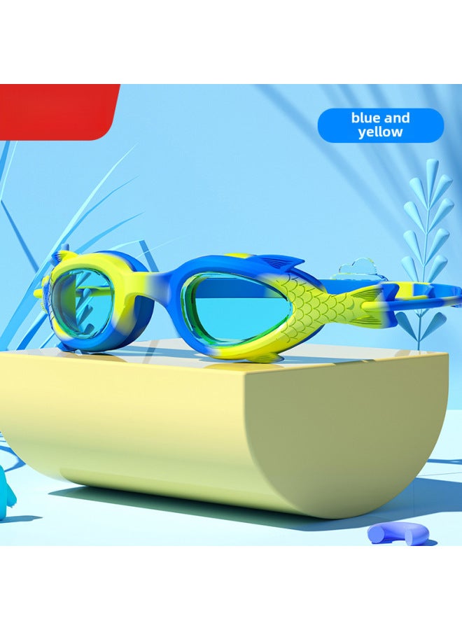 Generic Children's Swimming Goggles Anti-fog Boys And Girls Small Frame Goggles Swimming Training Diving Swimming HD Waterproof Professional Equipment-Color:Blue Yellow Fish Cartoon - Image 1