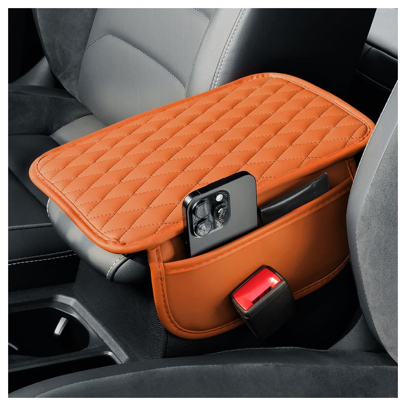 carleef Arm Rest Cover for Car,Leather+Memory Foam Center Console Cover with Storage Bags,Universal Middle Console Cover Car Accessories Interior for Most Cars Center Consoles (Orange) - Image 1