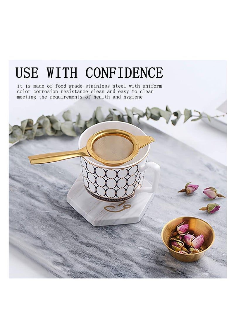 SYOSI Tea Strainer for Loose Tea, Stainless Steel Tea Filter with Drip Bowl, Stainless Steel Extra Fine Mesh Tea Strainer for Loose Leaf, Leaf Filter Kitchen Tool With Long Handle and Stand, Gold  - Image 2