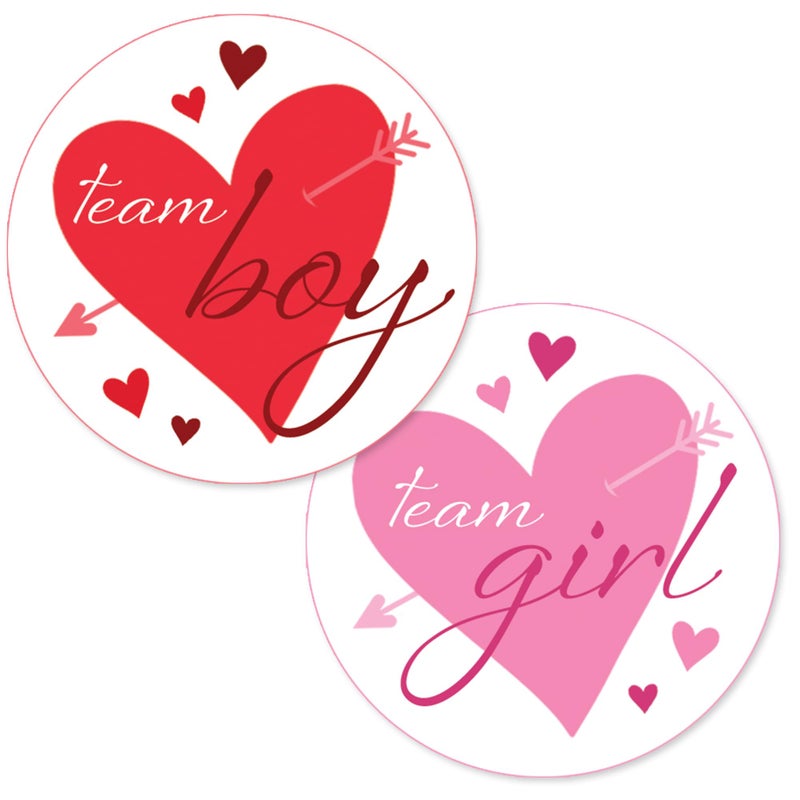 DISTINCTIVS Valentine's Day Baby Gender Reveal Stickers - Red & Pink Hearts - Team Boy or Team Girl Heart Labels - 40 Count - Image 1