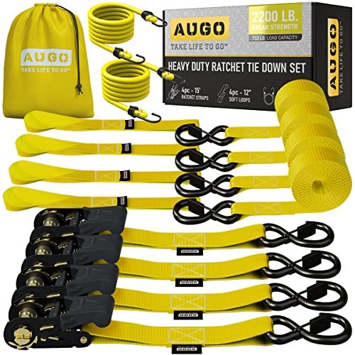 AUGO Ratchet Straps Heavy Duty 4 Pack -15 FT - 2200 LB Break Strength – Ratchet Tie Down Straps with Safety Lock S Hooks - Cargo Straps for Moving, Appliances, Motorcycle – Soft Loop Tie Down Straps - Image 1