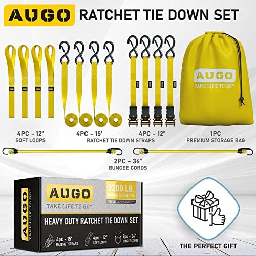 AUGO Ratchet Straps Heavy Duty 4 Pack -15 FT - 2200 LB Break Strength – Ratchet Tie Down Straps with Safety Lock S Hooks - Cargo Straps for Moving, Appliances, Motorcycle – Soft Loop Tie Down Straps - Image 5