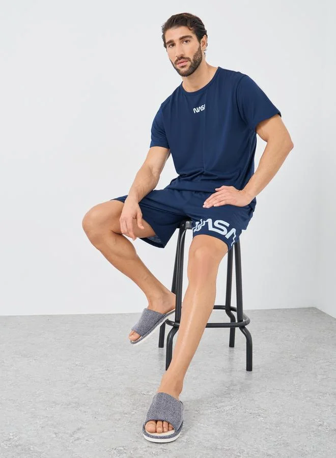 ستايلي Styli Front and Back NASA Slogan Print T-Shirt and Shorts Set