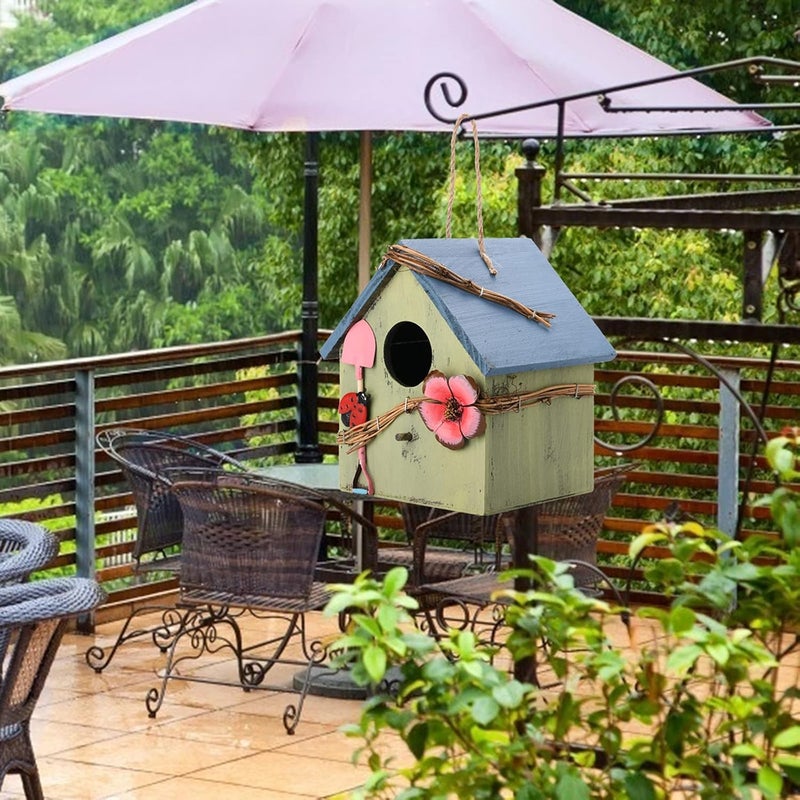 woobles æ\\u2014 Wooden Bird Houses for Outside Hanging, Wood Hand-Painted Bird House with Flower Natural Cedar Garden Patio Decorative Bird Houses for Outdoors Farmhouse A1 - Image 1
