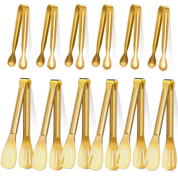 12 PCS GOLD SERVING TONGS SMALL APPETIZER TONGS FOR SERVING FOOD STAINLESS STEEL COOKING TOOLS FOR APPETIZERS TEA PARTY COFFEE BAR KITCHEN