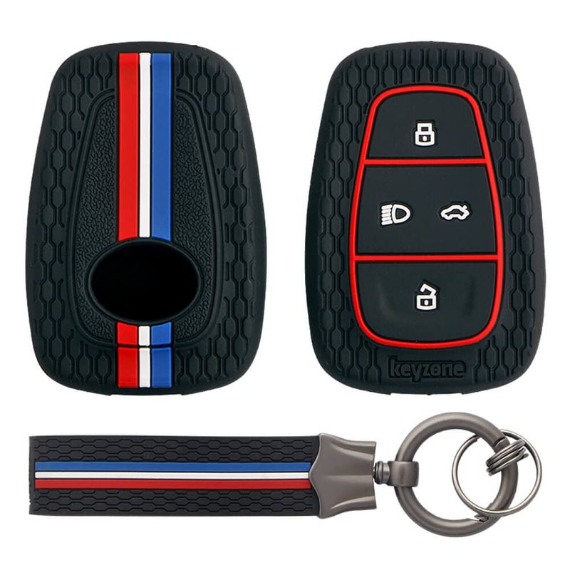 keyzone Striped Silicone Key Cover & Keychain Compatible forPunch EV,Altroz,Nexon EV,Punch,Tigor EV,Safari,Tiago EV,Nexon,Harrier,Tiago,Tigor 4 Button Smart Key(Black with Black Striped KH) - Image 1