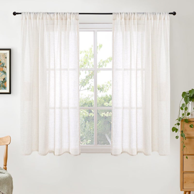 BGment 48 Inch Length Natural Linen Curtains for Short Living Room Window - Ivory Semi Sheer Textured Drapes Light Filtering with Rod Pocket for Bathroom Bedroom Lightweight, 2 Panels, 42 X 48 Inch - Image 1