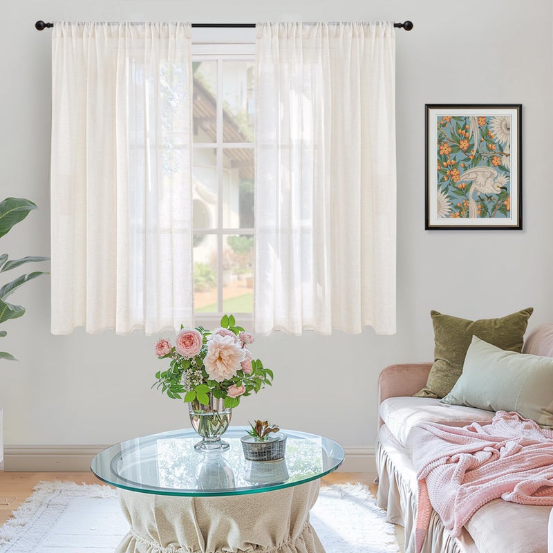 BGment 48 Inch Length Natural Linen Curtains for Short Living Room Window - Ivory Semi Sheer Textured Drapes Light Filtering with Rod Pocket for Bathroom Bedroom Lightweight, 2 Panels, 42 X 48 Inch - Image 2