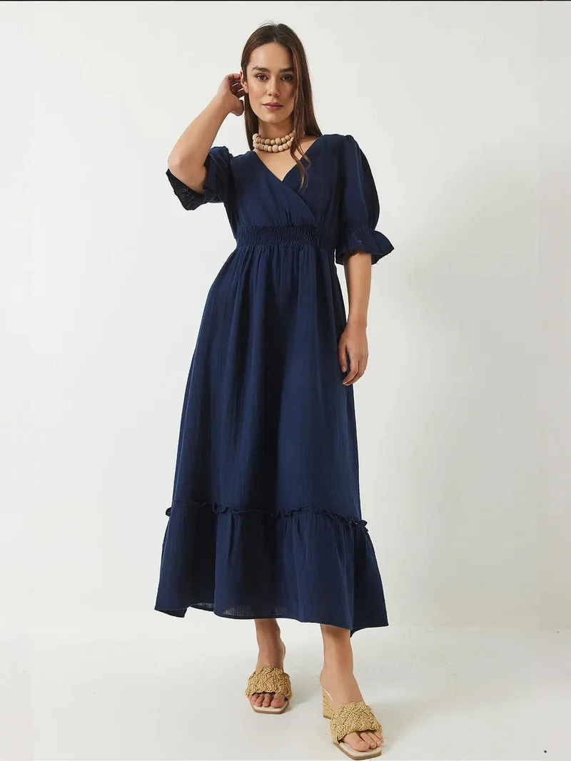 Bianco Lucci LUCCI V-Neck Textured Midi Dress with Elastic Detail