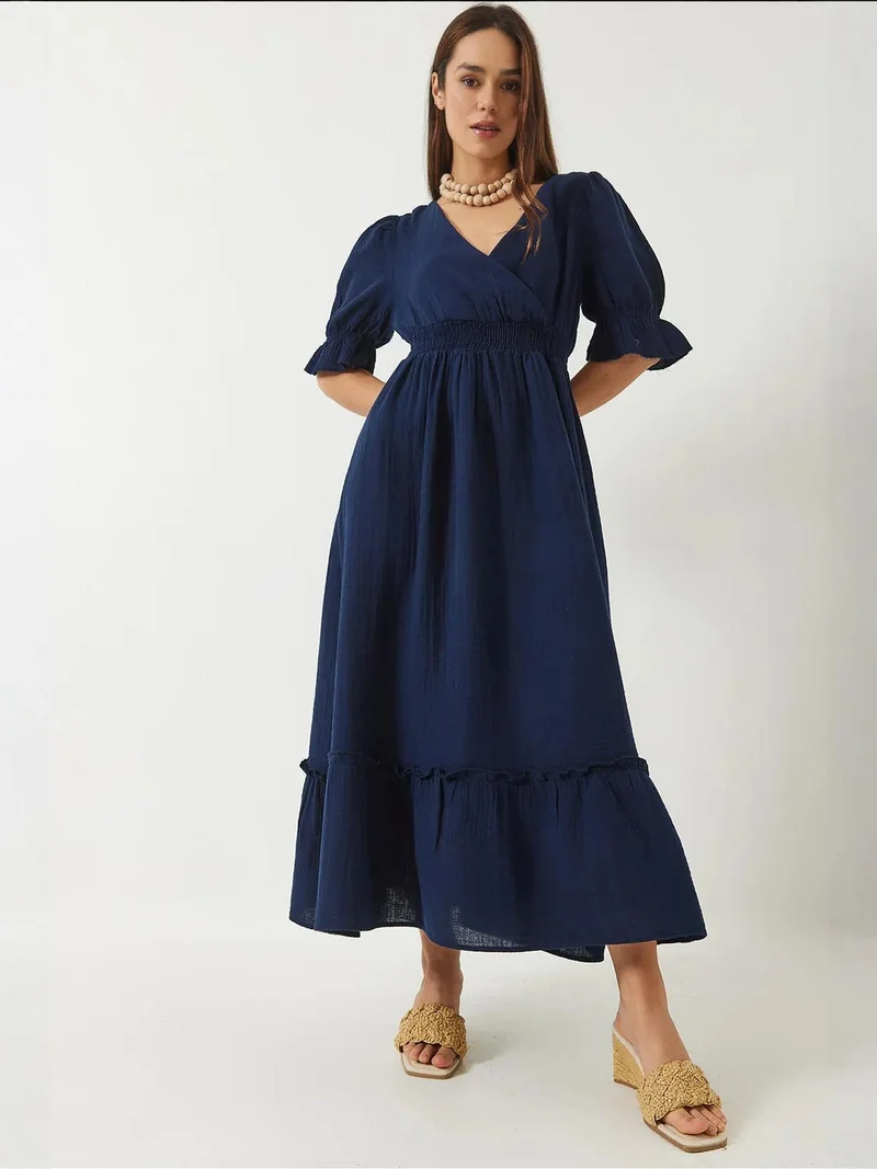 Bianco Lucci LUCCI V-Neck Textured Midi Dress with Elastic Detail